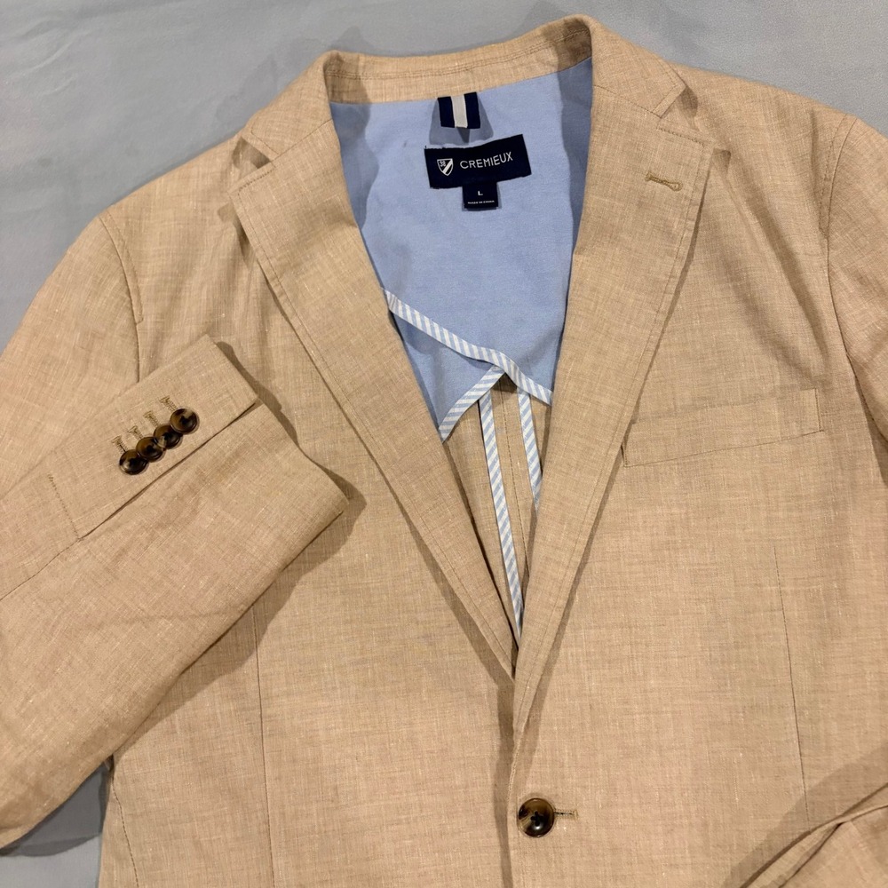 Cremieux Mens Tan Linen Blend Blazer Sport Coat Elbow Patches Size L